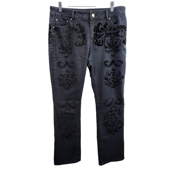 Cartise Womens Black Denim Velvet Paisley Jeans Size 12 High Rise Straight Leg